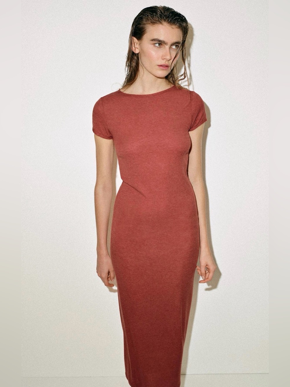 R Zara Short-Sleeve Maxi Dress in Rust Red
